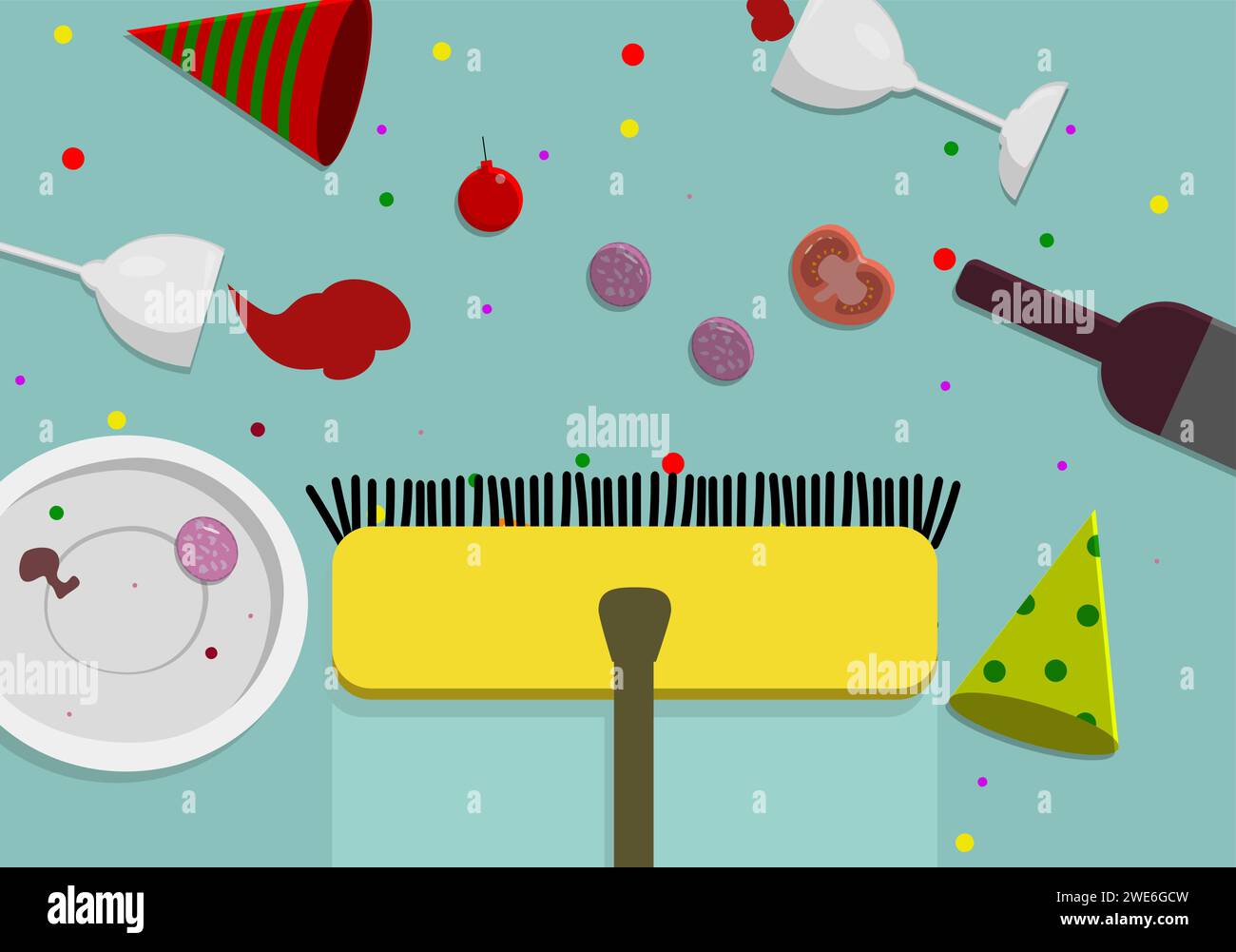 Flat style illustration demonstrating after party mess on the floor and ...