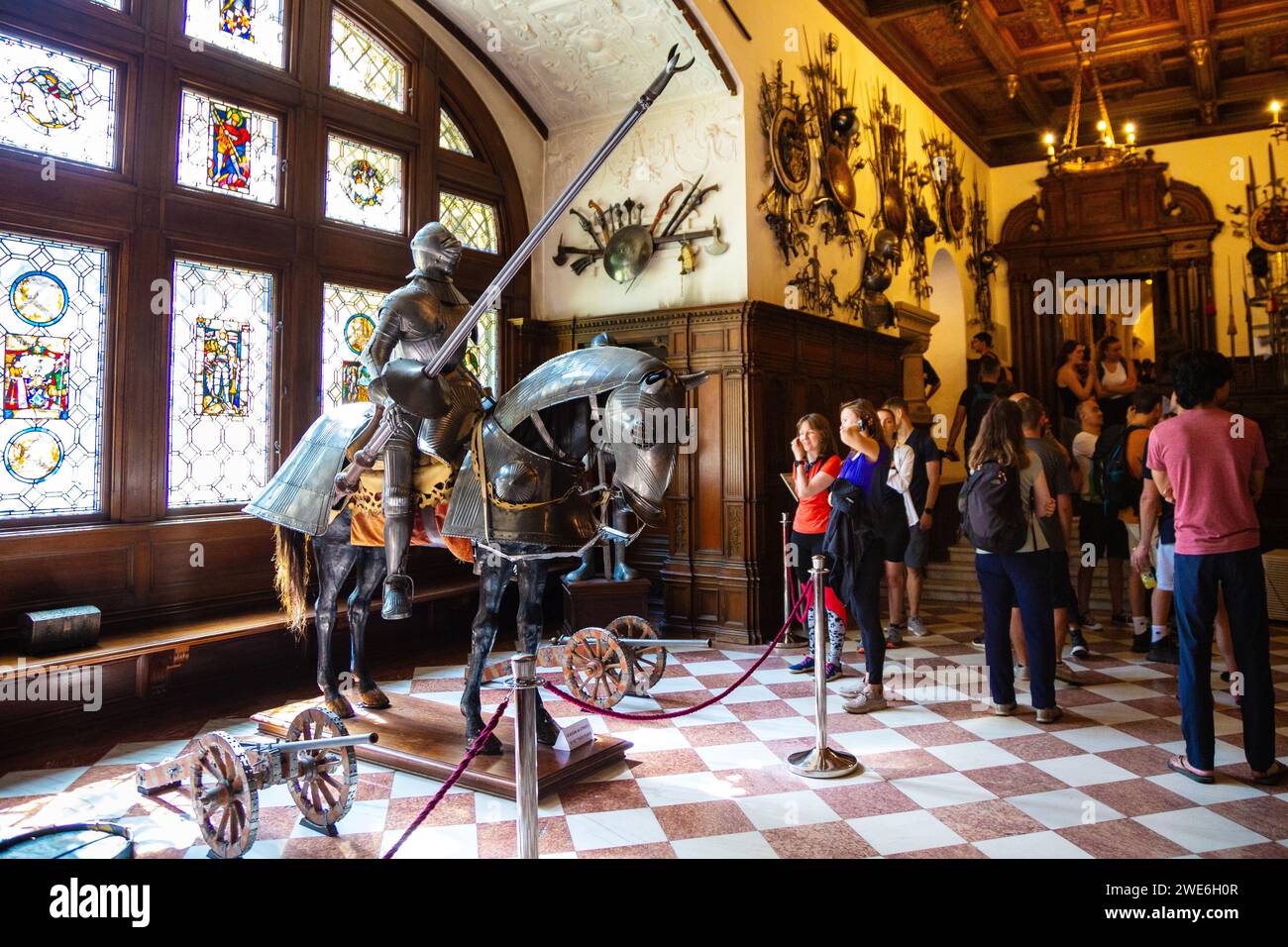 16th century full horse and knight Maximillian armour in the Armoury Halls of Peles Castle, Sinaia, Romania Stock Photo
