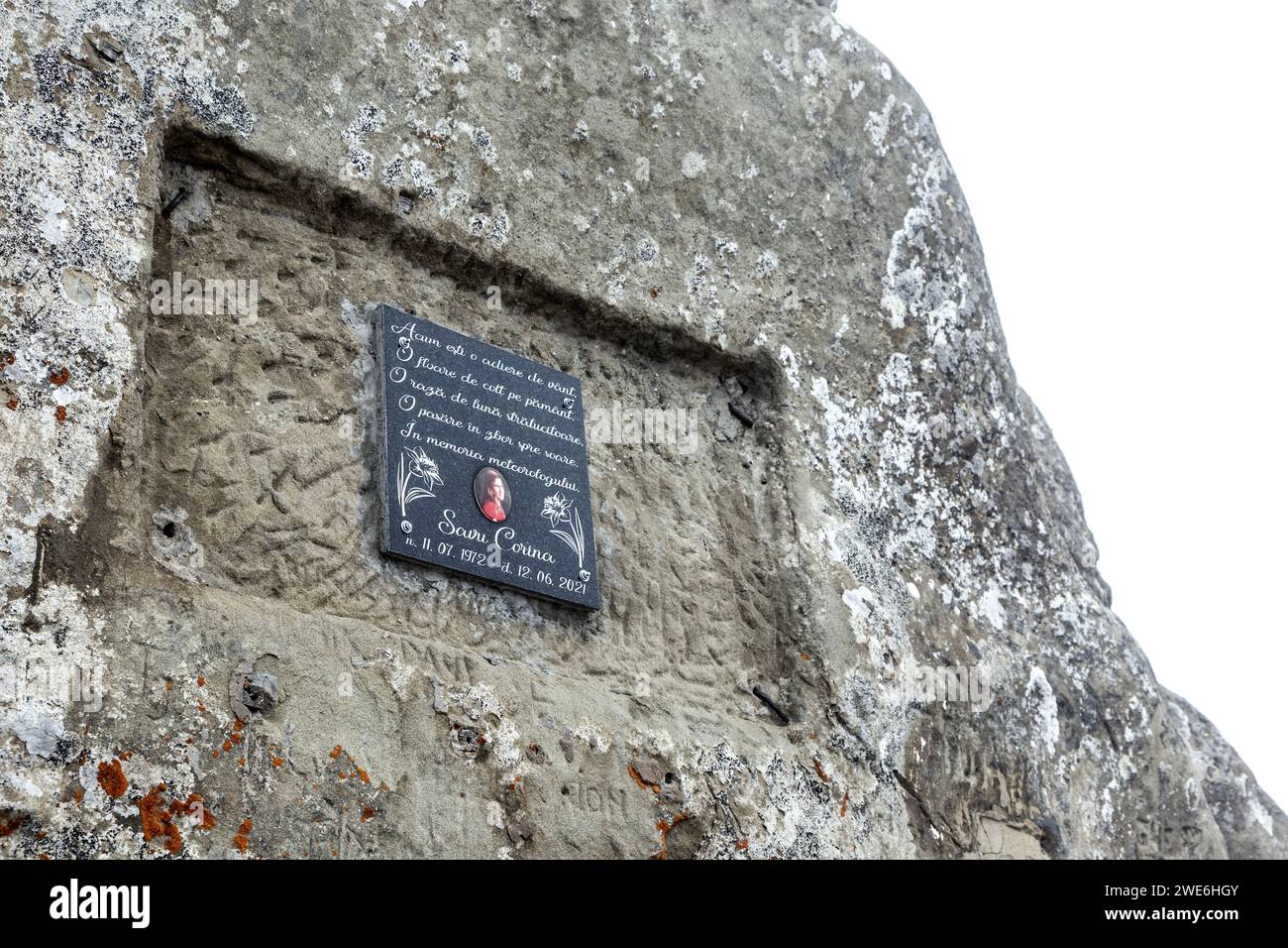 Plaque for Corina Savu, a meteorolist who worked at the Omu Peak Weather Station, Bucegi Mountains, Romania Stock Photo
