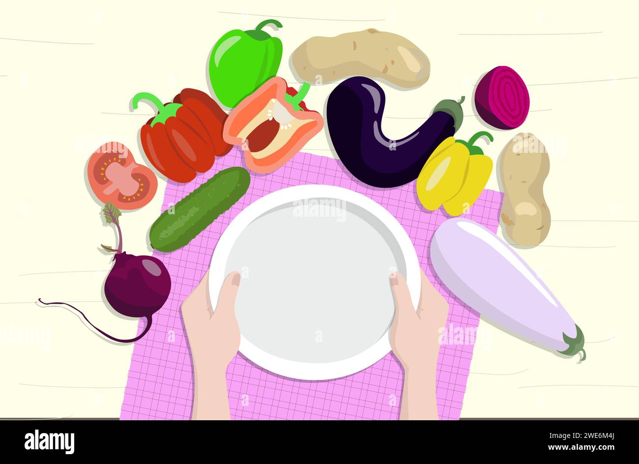 Set of vegetables and hands holding an empty plate. Kitchen illustration. Stock Vector