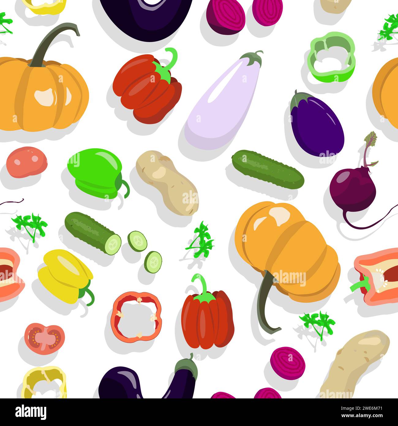 Vegetables and their slices seamless pattern in cartoon style Stock Vector