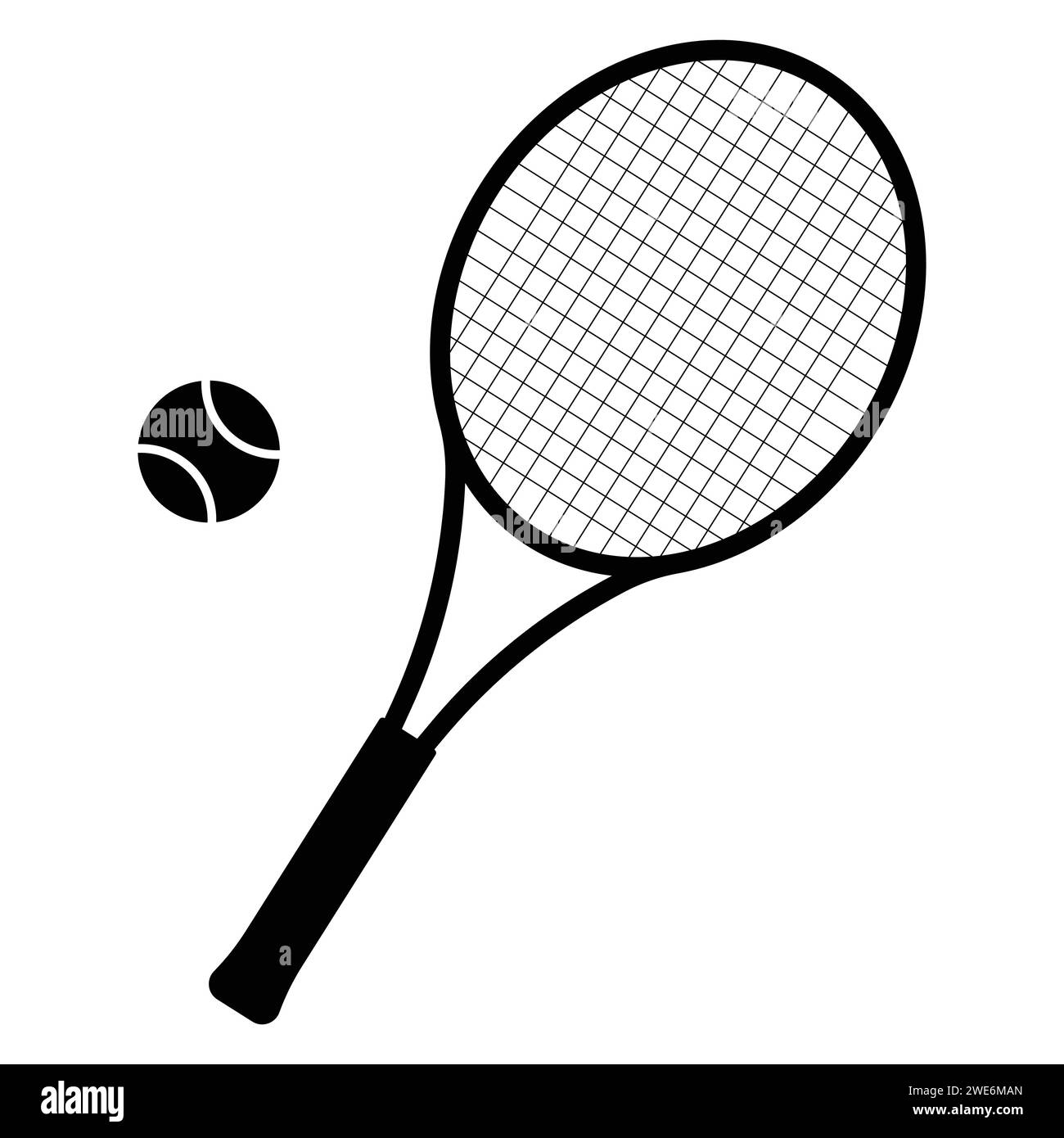 Tennis racket with ball silhouette. Icon of racquet for court. Logo rocket. Sport equipment for game, match, competition. Club of badminton. Vector Stock Vector