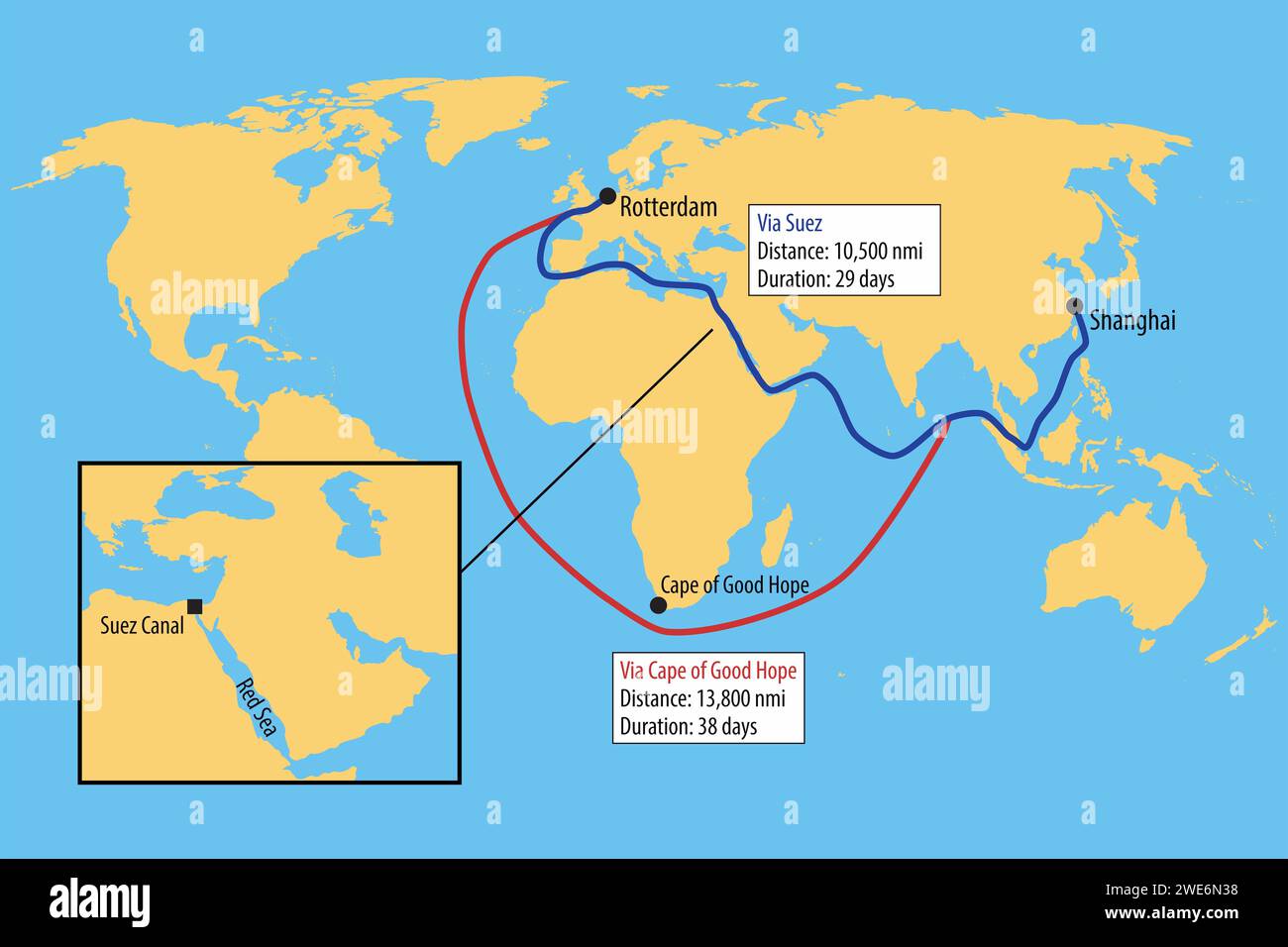Map of the Suez Canal and the distance benefits to the shipping routes Stock Photo