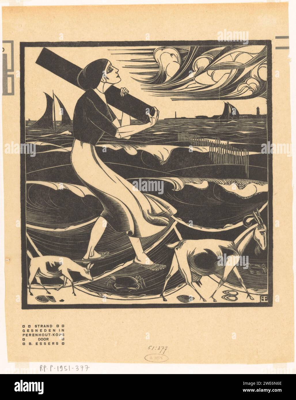 Strand, Bernard Essers, 1919 print A woman on the beach wears a cylindrical object on her shoulder. Next to her a goat, a goat and two crabs. A pole head and sailing ships in the water.  Japanese paper (handmade paper)  beach. carrying something on the head or on the shoulders. goat Stock Photo