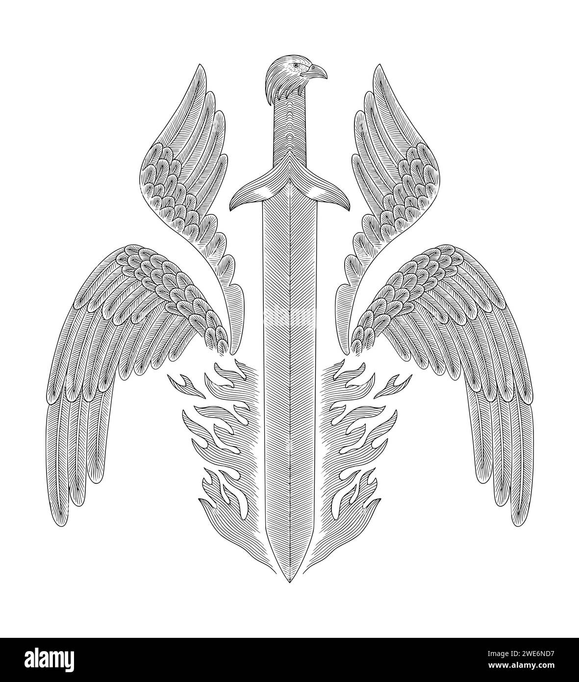 antique sword with wings and fire, vintage engraving drawing style