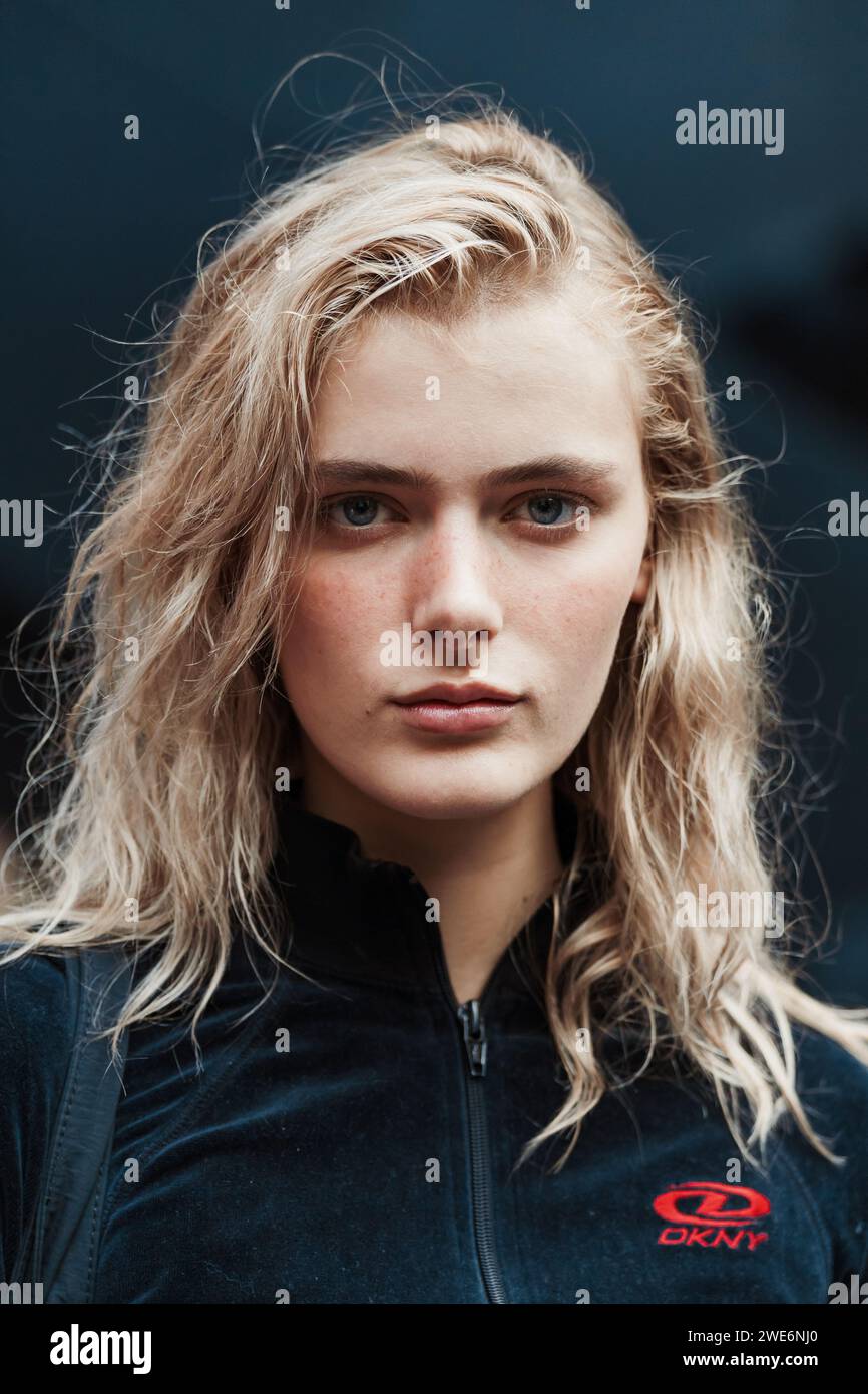 A model outside MSGM show during Milan Fashion Week Womenswear Spring