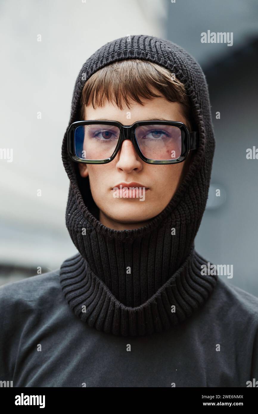 A model outside MSGM show during Milan Fashion Week Womenswear Spring