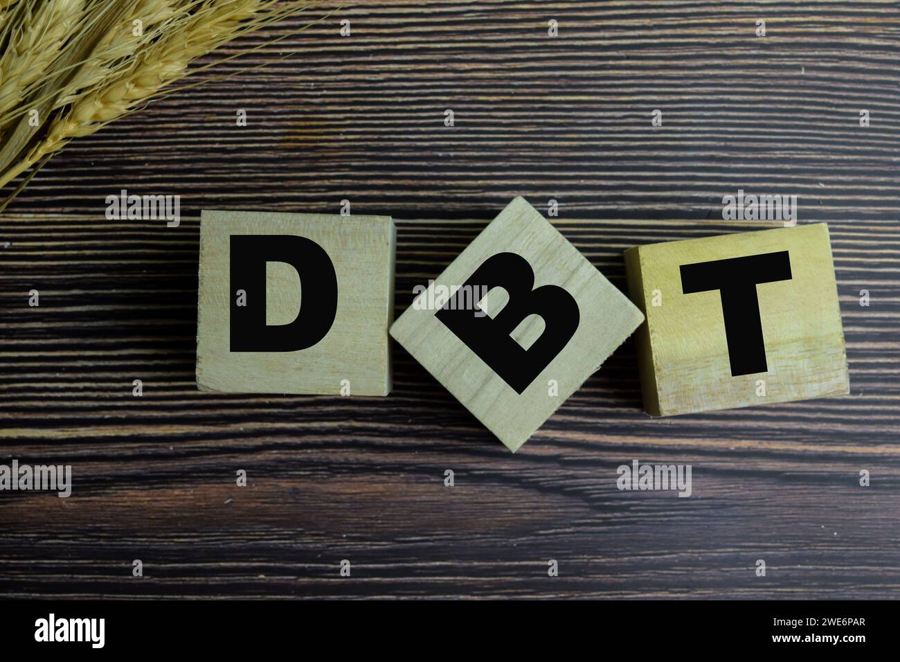 Concept of The wooden Cubes with the word DBT on wooden background. Stock Photo