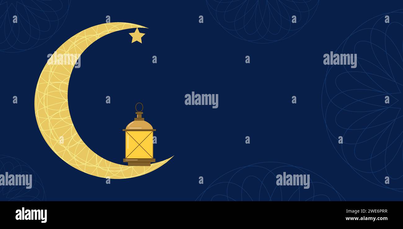 Eid al Fitr Ramadan Bayram end fast. Crescent moon lantern dark blue sky background with patterns. Website Flyer banner design. Vector illustration. Stock Vector