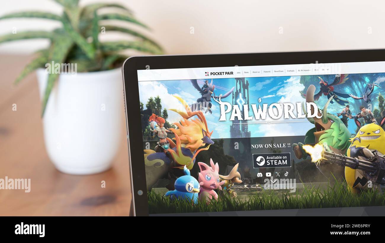 Istanbul, Turkey - 23 January 2024: Illustrative Editorial screenshot of Palworld homepage with Palworld logo, a video game blending creature collecti Stock Photo