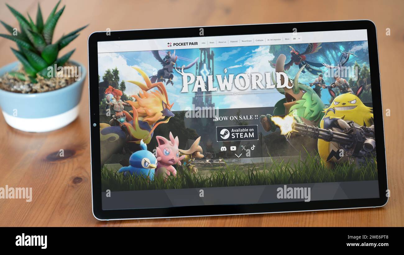 Istanbul, Turkey - 23 January 2024: Illustrative Editorial screenshot of Palworld homepage with Palworld logo, a video game blending creature collecti Stock Photo