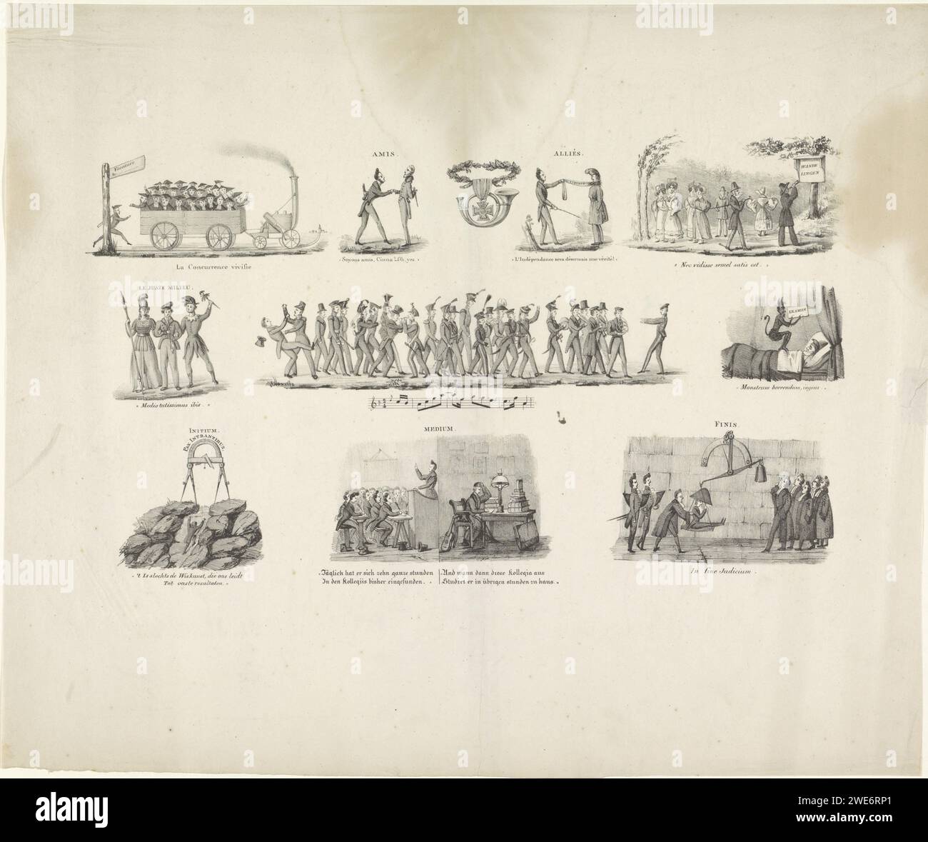 Cartoon from Utrecht Student Almanac, 1833, Anonymous, 1833 print Cartoon from the Student Almanac of the University of Utrecht of the year 1833. Leaf with ten comic and allegorical scenes from student life and recent history. At the top two scenes about the ties between the Dutch, English and Belgians. This includes a parade from the voluntary Utrecht hunters. At the top left, a steam locomotive attracts a car full of professors. Netherlands paper  student life. steam locomotive Utrecht Stock Photo