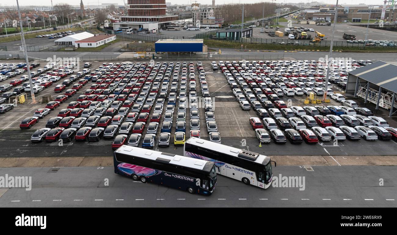 Zeebrugge Belgium Europe. 21.12.2024. New cars parked on the dockside ...