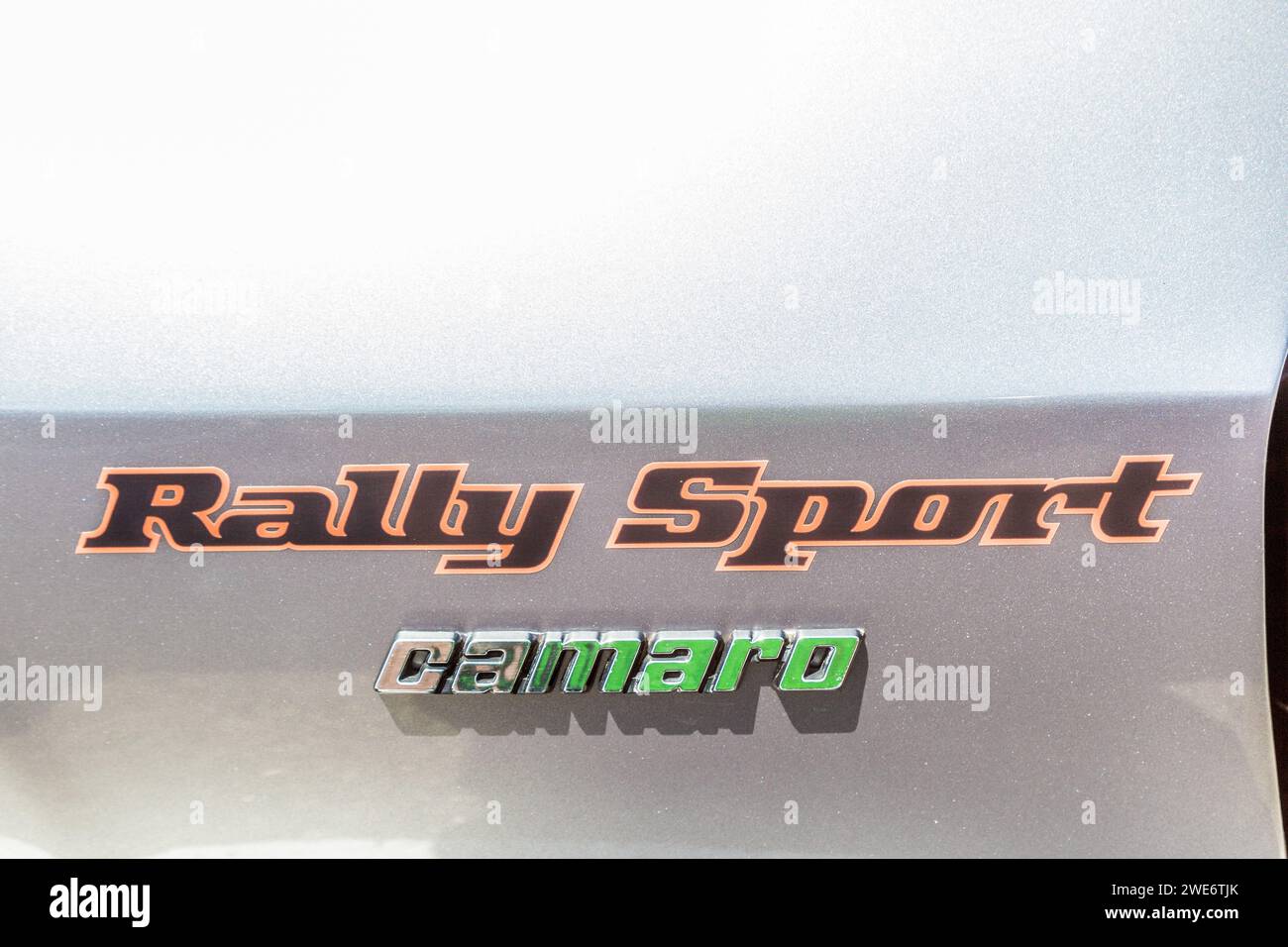 Chevrolet Camaro Rally Sport emblem on body of restored classic car