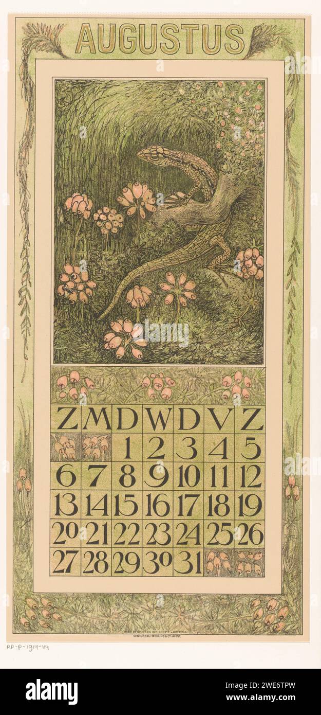 Calendar Bead August with lizard and Dopheide, Theo van Hoytema, 1910 print At the top of the leaf a crack line. print maker: The Hagueprinter: Amsterdampublisher: Amsterdam paper  lizards: lizard. August  other concepts Stock Photo