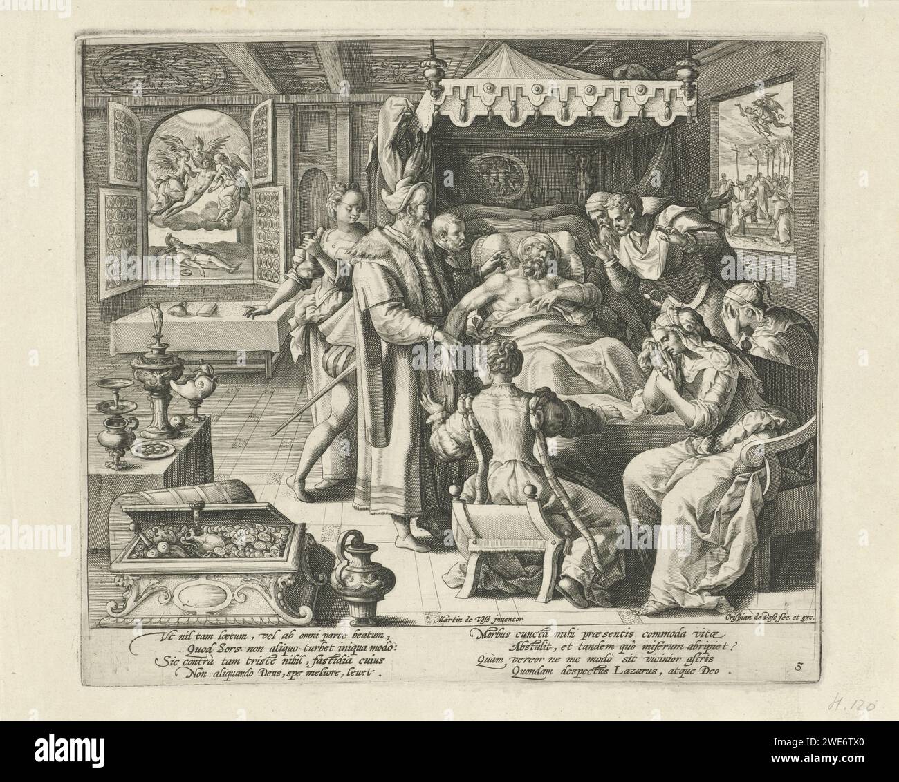 The death of the rich man, Crispijn van de Passe (I), After Maerten de Vos, 1589 - 1611 print The rich man is on his deathbed. Family and friends mourn the dead. On the left in the background you can see by a window how the soul of the poor Lazarus is worn by angels to heaven. On the right in the background, a window shows how the soul of the rich man is transported to hell by a devil. Print from a series of four with the parable of the rich man and the poor Lazarus. Cologne paper engraving Dives dies; his soul is brought into hell by devils Stock Photo