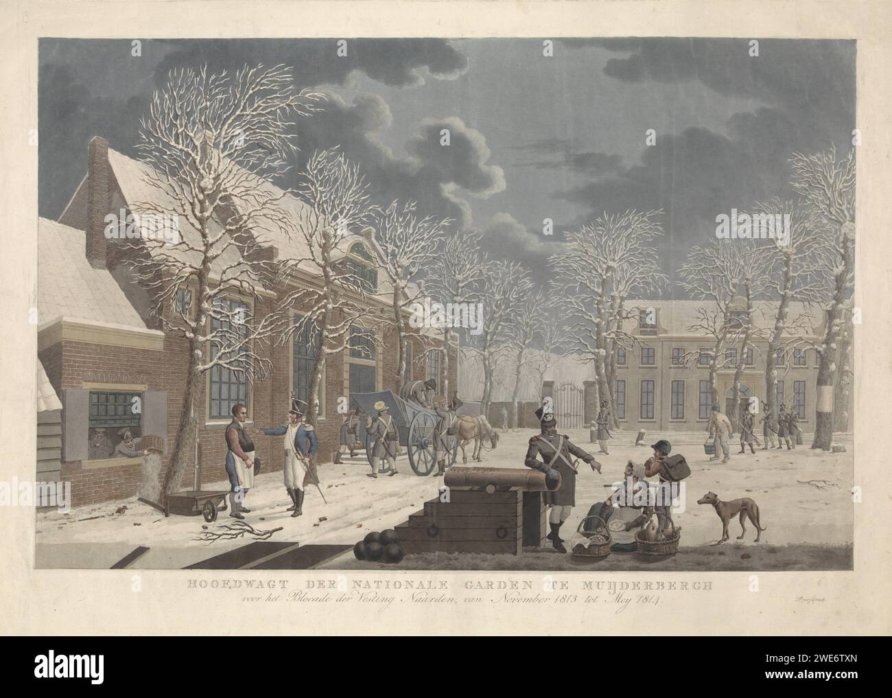 Snow landscape with soldiers in conversation with civilians during the siege of Naarden, Willem Hendrik Hoogkamer (attributed to), 1814 - 1816 print Soldiers in the snow during the siege of Naarden. A soldier at a cannon asks a woman for food; She has a yoke on her shoulders and kneels down to put food from one of her baskets on a plate. On the left a soldier in conversation with a man, a cart is discharged. Netherlands paper etching soldiers and civilians. snow. firearms: cannon Naarden. Muiderberg Stock Photo