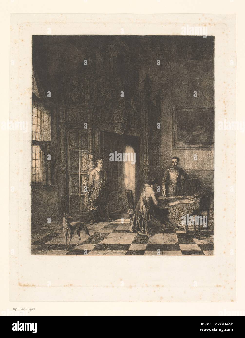 Three men and a dog in the Schepenzaal in the town hall of Oudenaarde, Guillaume Joseph Vertommen (attributed to), after Alexandre Louis Lion, 1825 - 1863 print   paper. etching interior of the house. dog. open door Oudenaarde Stock Photo