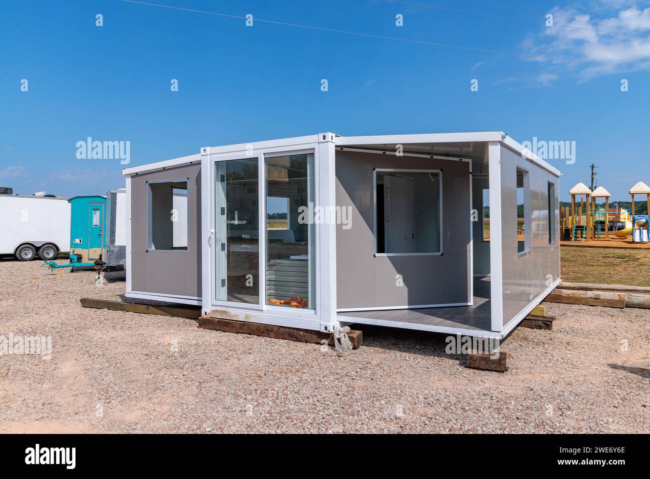 Foldable tiny house container kit home partially unfolded at Botel Campground near Savannah, Tennessee Stock Photo