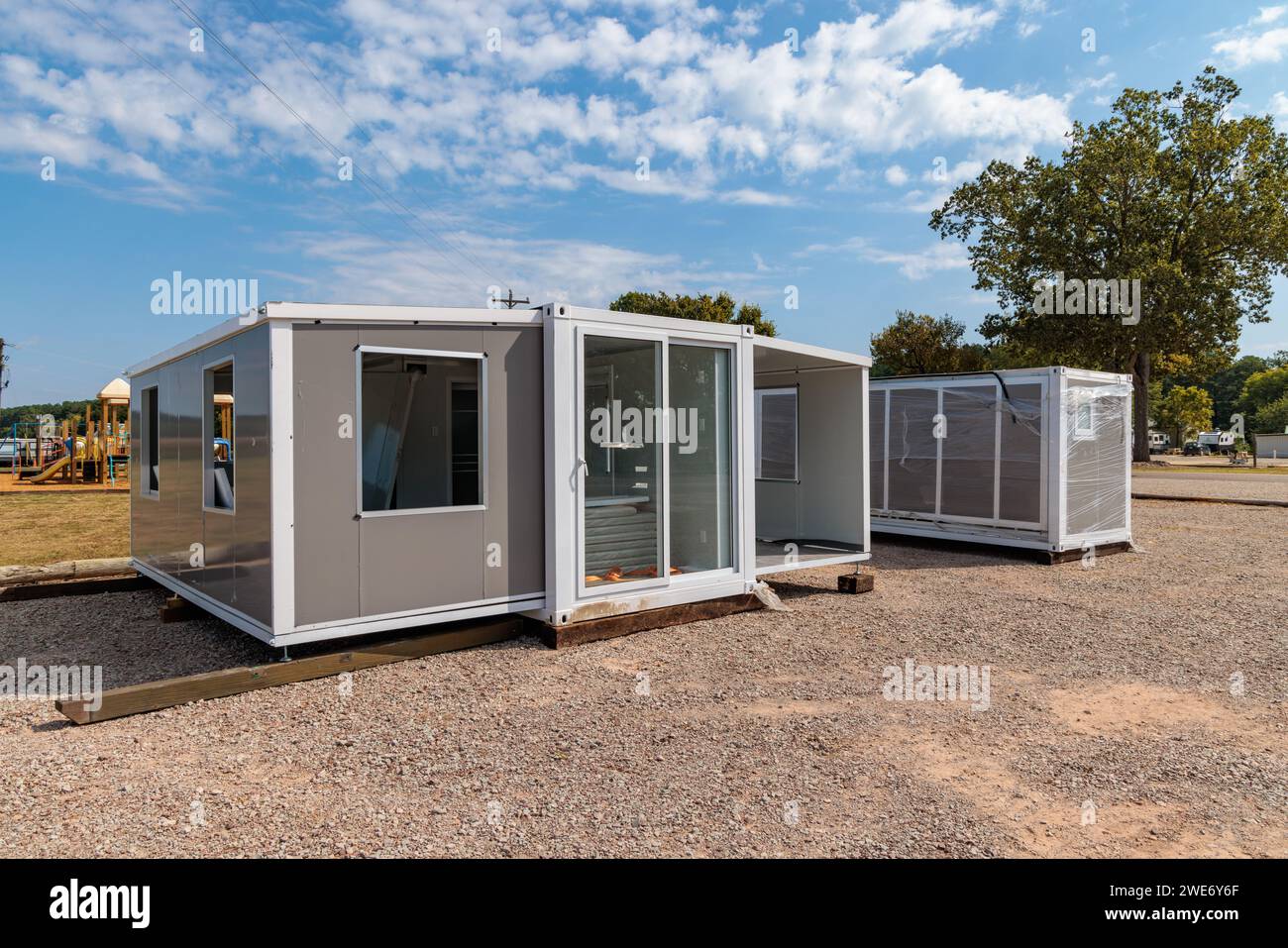 Foldable tiny house container kit home partially unfolded at Botel Campground near Savannah, Tennessee Stock Photo