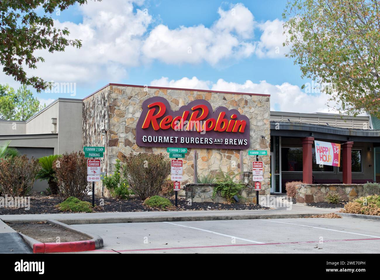 Houston, Texas USA 09-24-2023: Red Robin building storefront exterior in Houston, TX. American casual dining fast food restaurant founded in 1969. Stock Photo