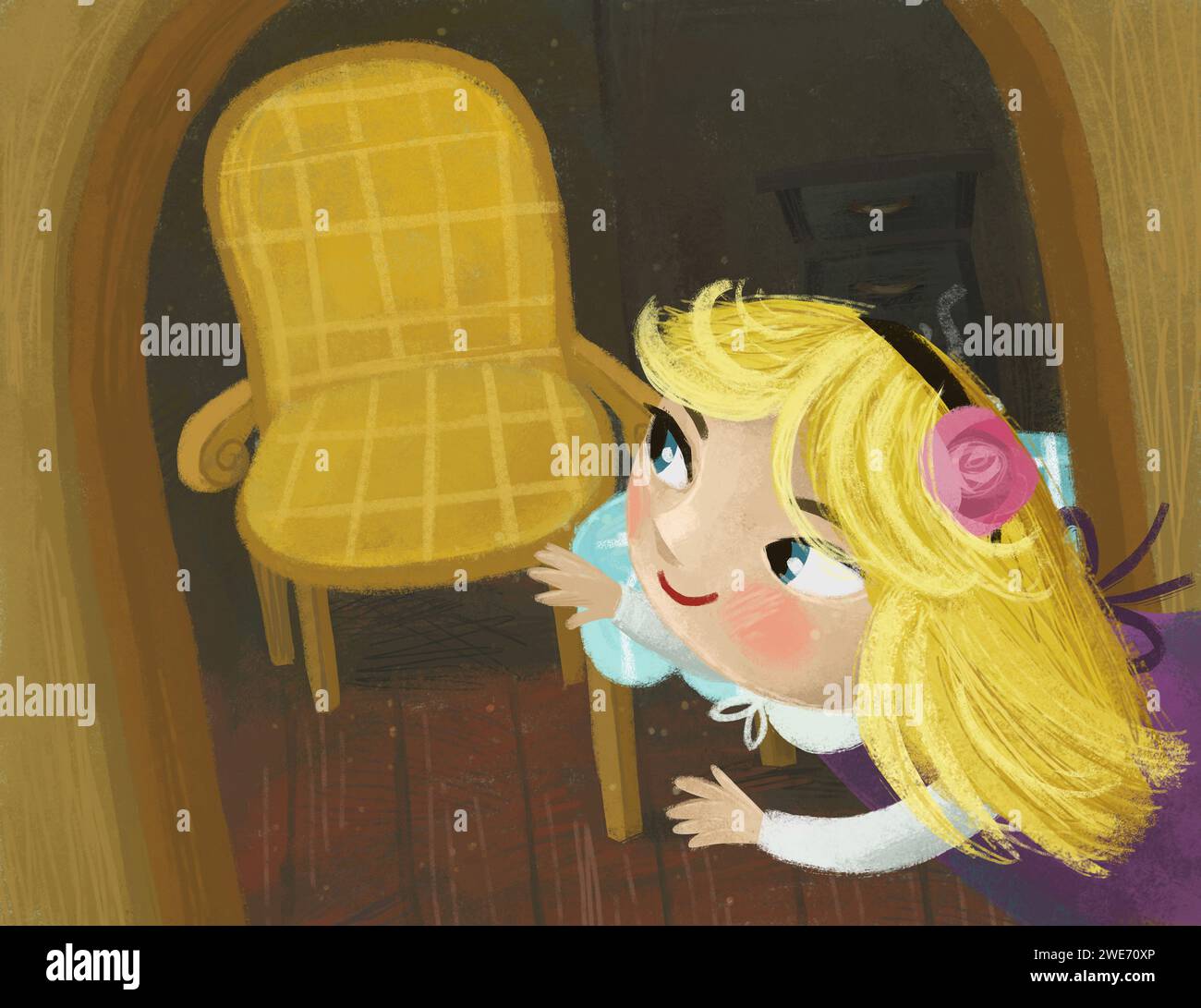 cartoon scene in the hidden room of some cosy house like house with