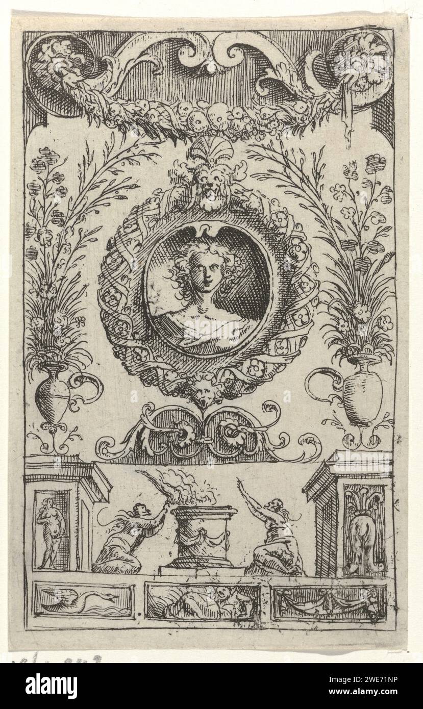 Panel with Portrait in Medallon, Edward Pearce, 1647 print A panel with grotesken. In the middle a portrait in an ornamented medallion, flanked by two vases with flowers. A garland above that. At the bottom a sacrificial scene and bass reliefs. London paper etching ornament  grotesque. ornament  medallion. flowers in a vase Stock Photo