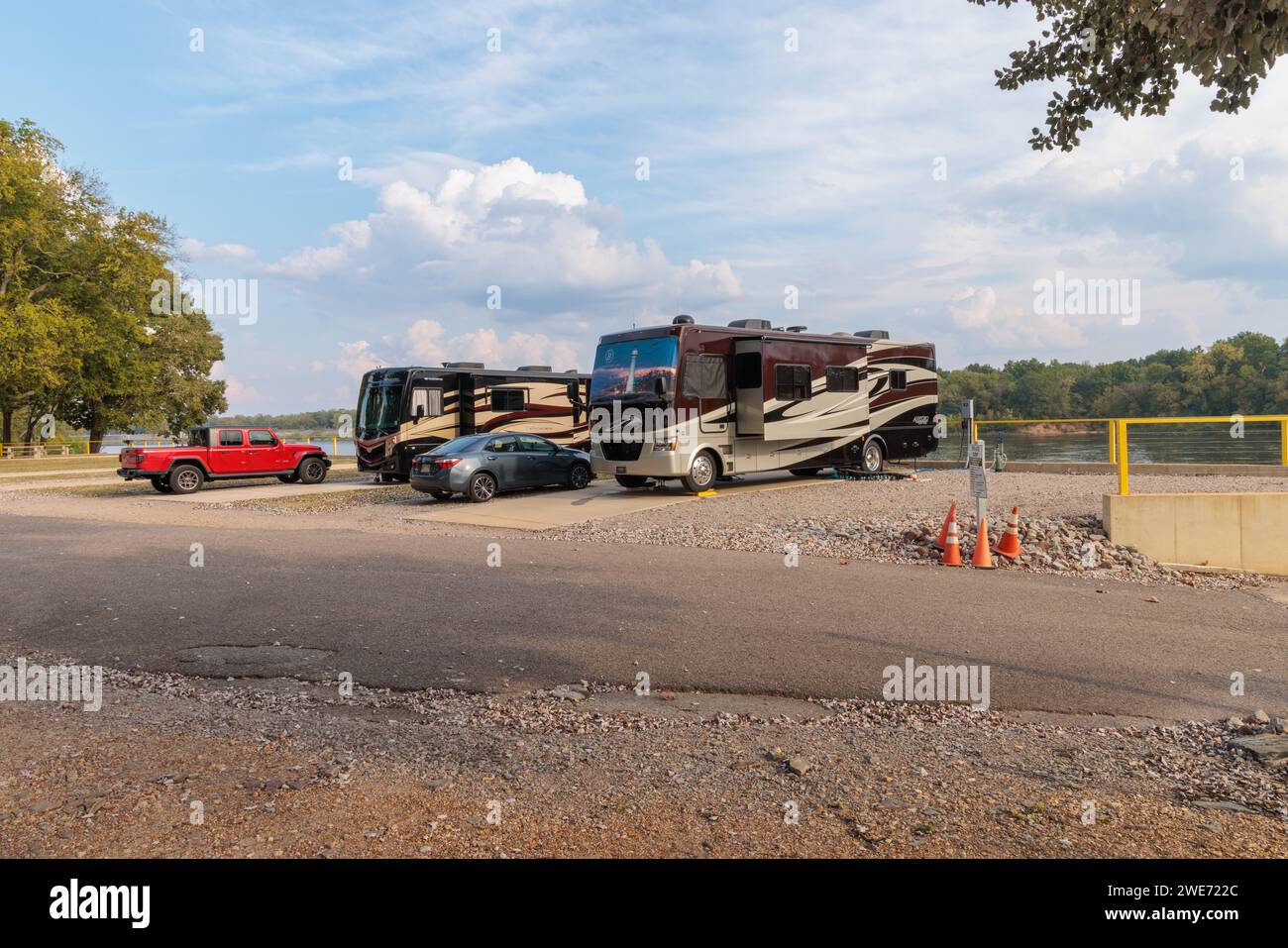 Concrete slab riverfront camp sites on the Tennessee River at Botel Campground in Savanah, Tennessee Stock Photo