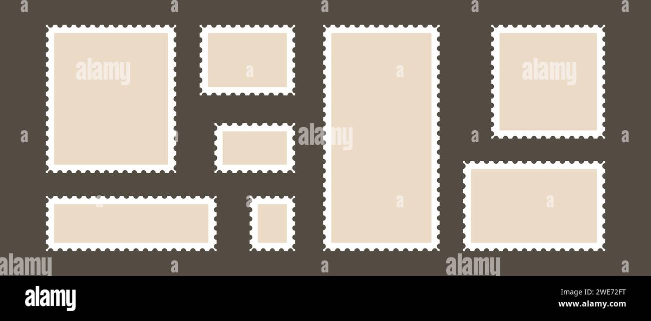 Postage stamp set. Post stamp frames and borders. Beige square and rectangular template for mail