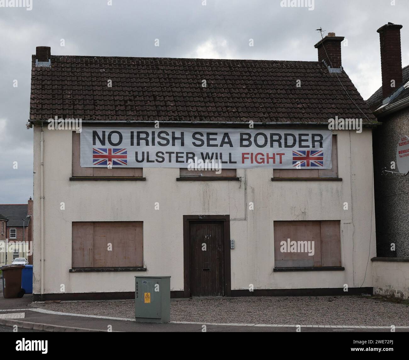 Opposition to Irish Sea border in Northern Ireland. Unionist Loyalist opposition banner on Irish Sea border and Northern Ireland protocol post-Brexit Stock Photo
