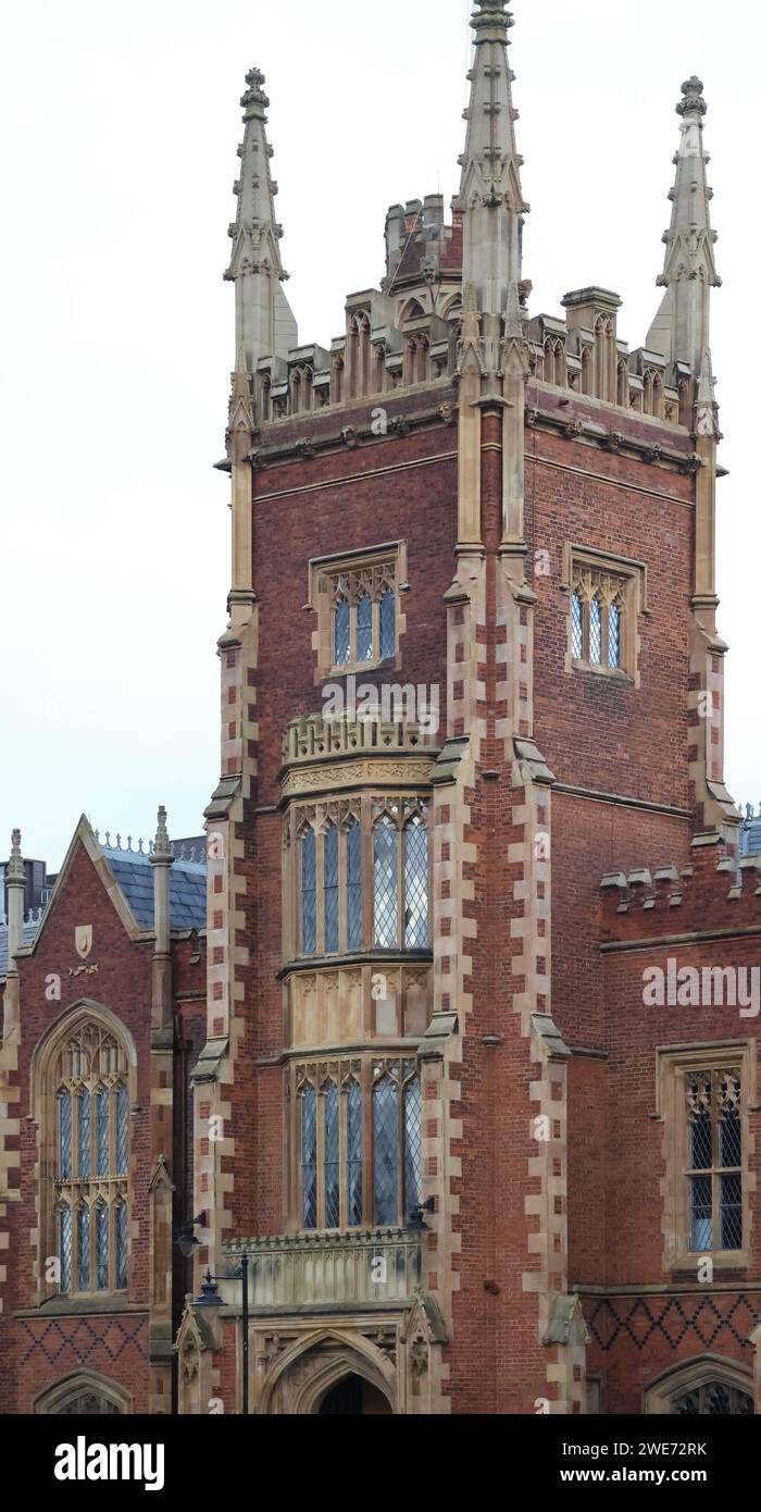 Belfast Architecture, the tower of the Lanyon Building at Queen's University, Belfast, Northern Ireland. Stock Photo