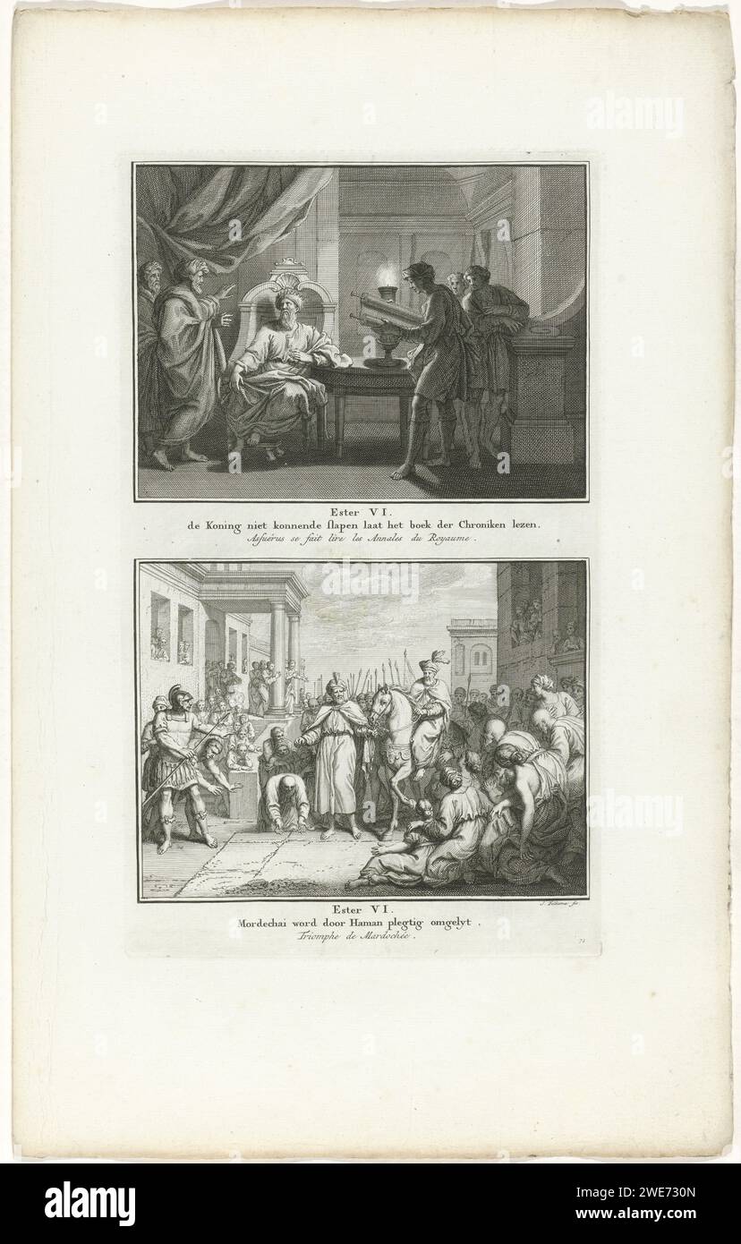 King Ahasveros can be read and led on horseback by Haman, Jacob Folkema, 1791 print Two Biblical performances from Est. 6. King Ahasveros cannot get to sleep at night and can be read by his court, and Haman leads Mórdechai on the horse of King Ahasveros through the city. Two performances of one plate, each with a title in Dutch and French. Fully numbered at the bottom right: 71. publisher: Amsterdampublisher: Dordrecht paper etching Ahasuerus being sleepless, has the court records read to him. Mordecai's triumph: Mordecai, mounted on the king's horse, is led through the city by Haman (Esther a Stock Photo