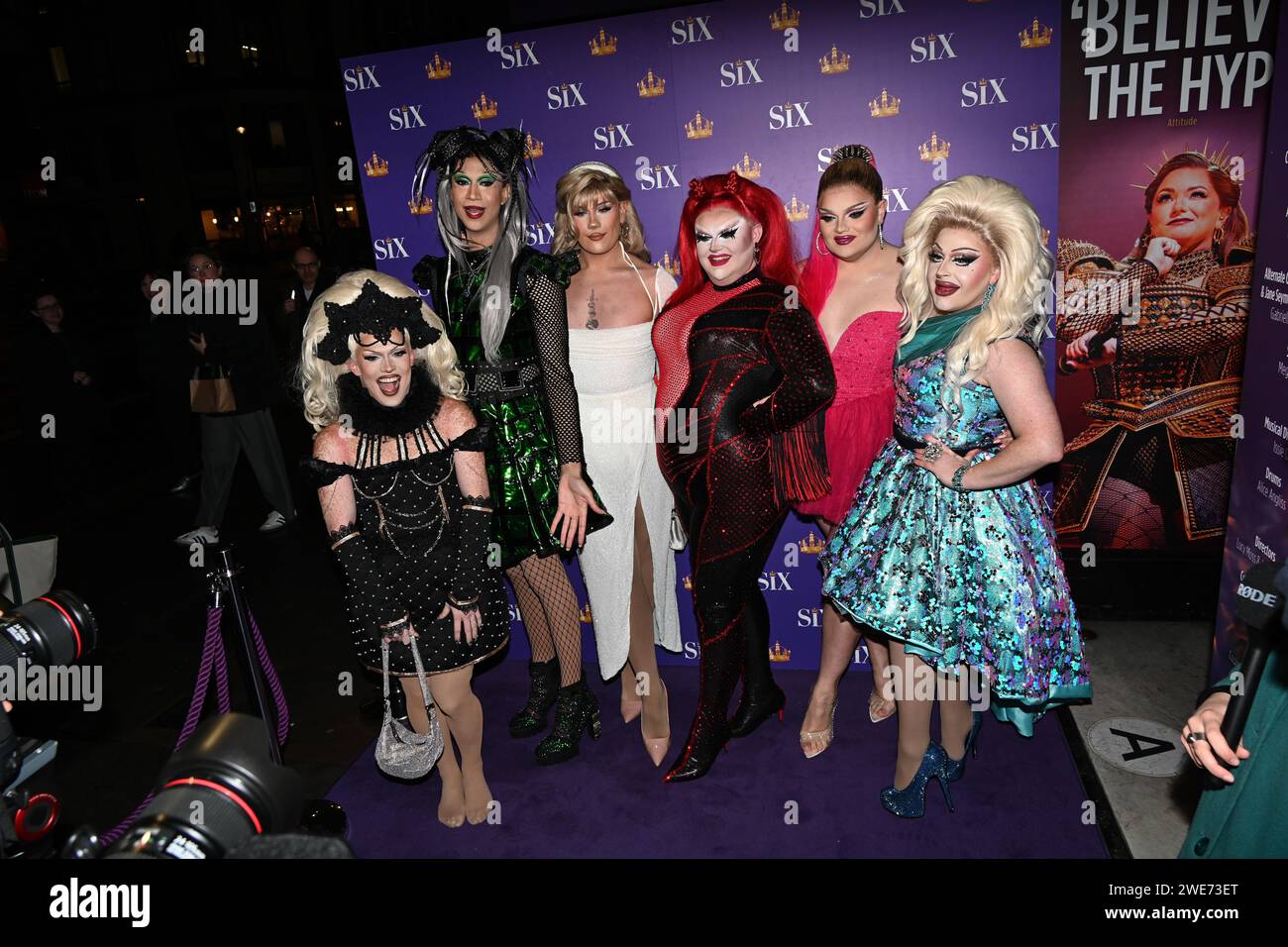 London, UK. 23rd Jan, 2024. Elekra Fence, Tia Kofi, Ophelia Love, Pixie Polite, Hannah Conda and Kitty Scott Claus attends the Red Carpet: Gala Night for the Six The Musical at Vaudeville Theatre, London, UK. Credit: See Li/Picture Capital/Alamy Live News Stock Photo