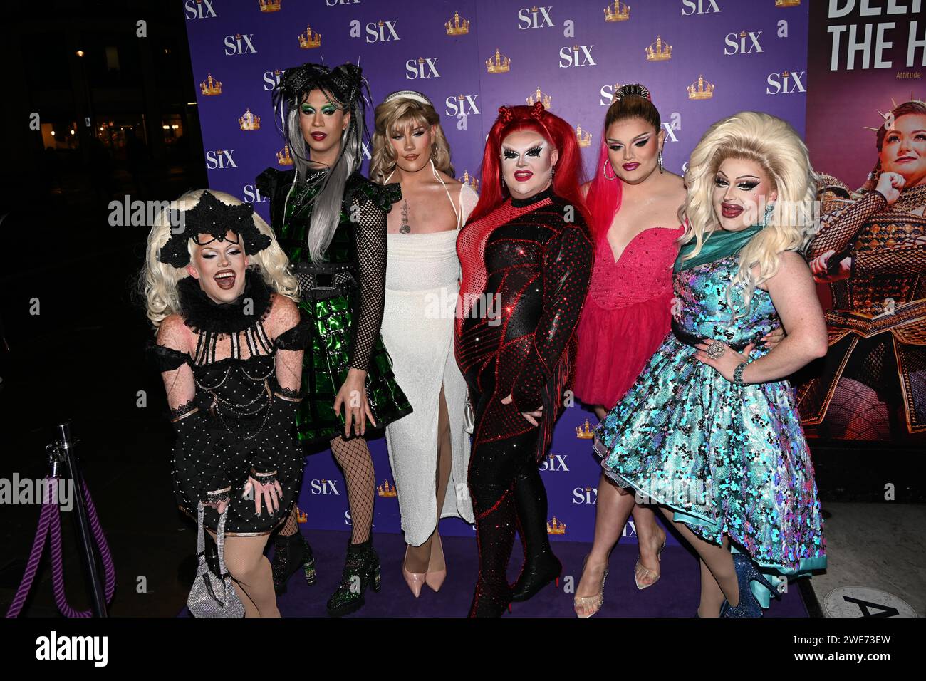 London, UK. 23rd Jan, 2024. Elekra Fence, Tia Kofi, Ophelia Love, Pixie Polite, Hannah Conda and Kitty Scott Claus attends the Red Carpet: Gala Night for the Six The Musical at Vaudeville Theatre, London, UK. Credit: See Li/Picture Capital/Alamy Live News Stock Photo