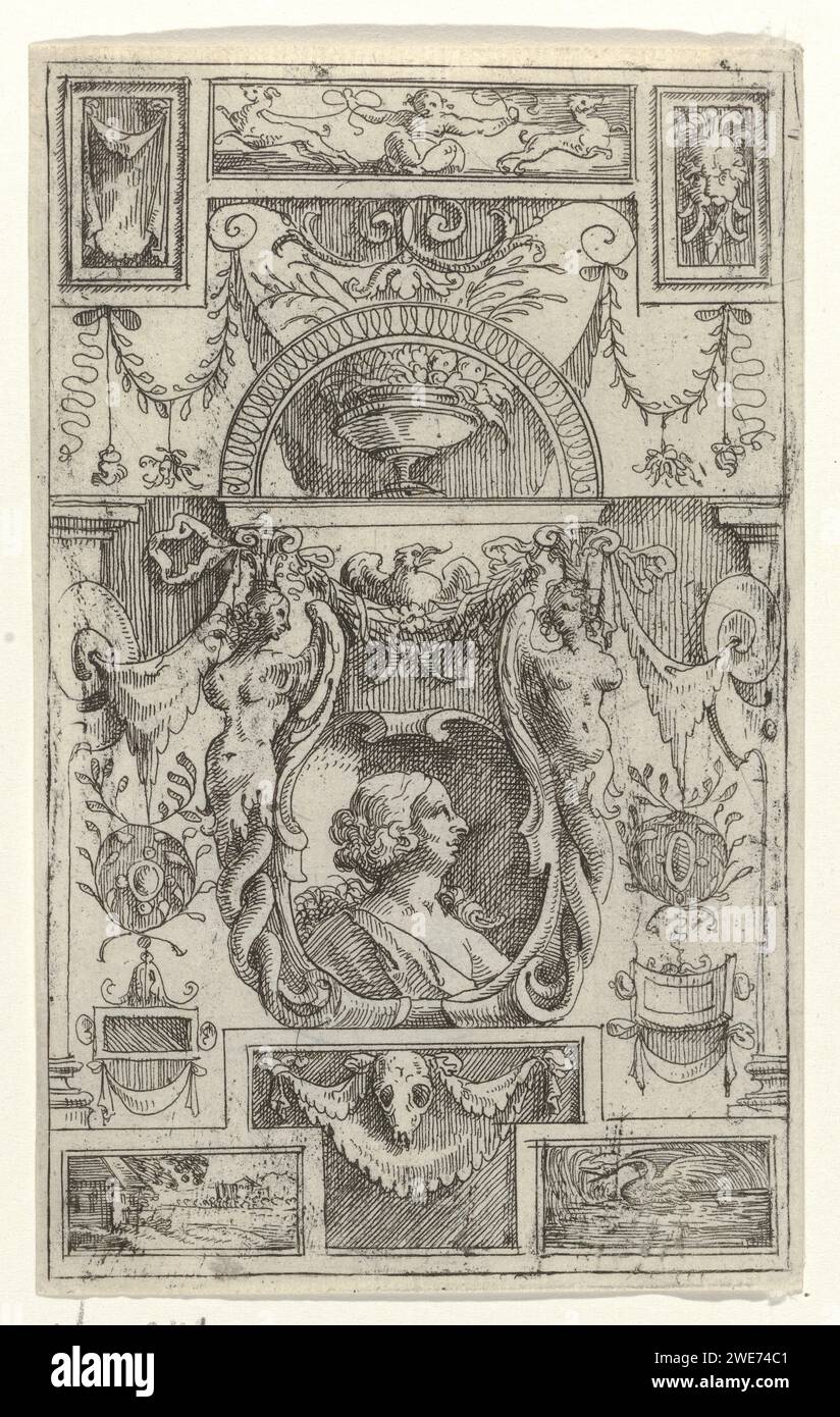 Panel with Vrouwenbuste, Edward Pearce, 1647 print A panel with grotesken. Two terms flank a female bust in the middle. A vase above that. Around various images of landscapes, masks and animals. London paper etching ornament  grotesque. chest, bust - AA - female human figure. vase  ornament Stock Photo