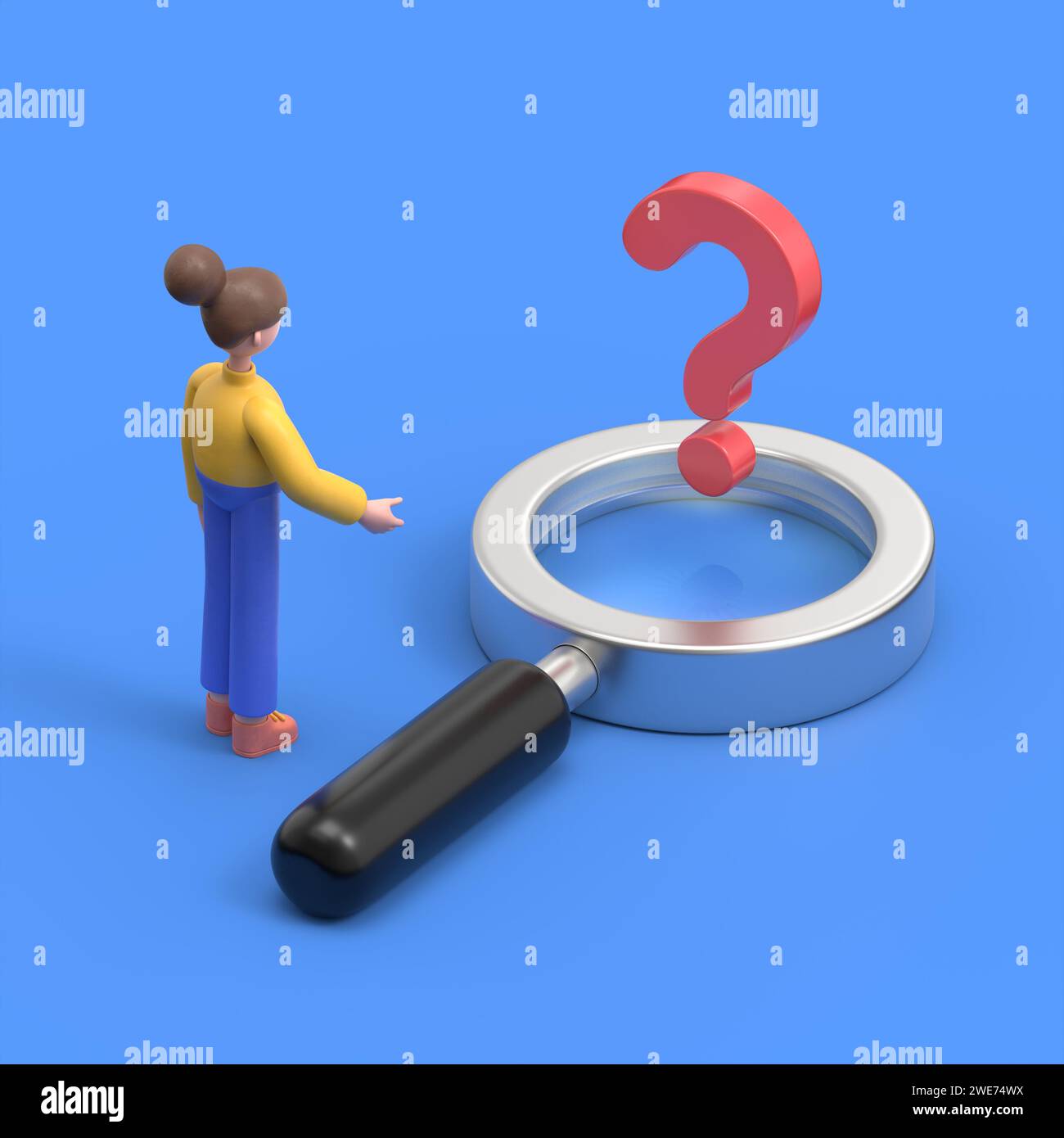 isometric 3D illustration on a blue background,3D illustration of Asian woman Angela stands in front of a question mark in a magnifying glass, looking Stock Photo