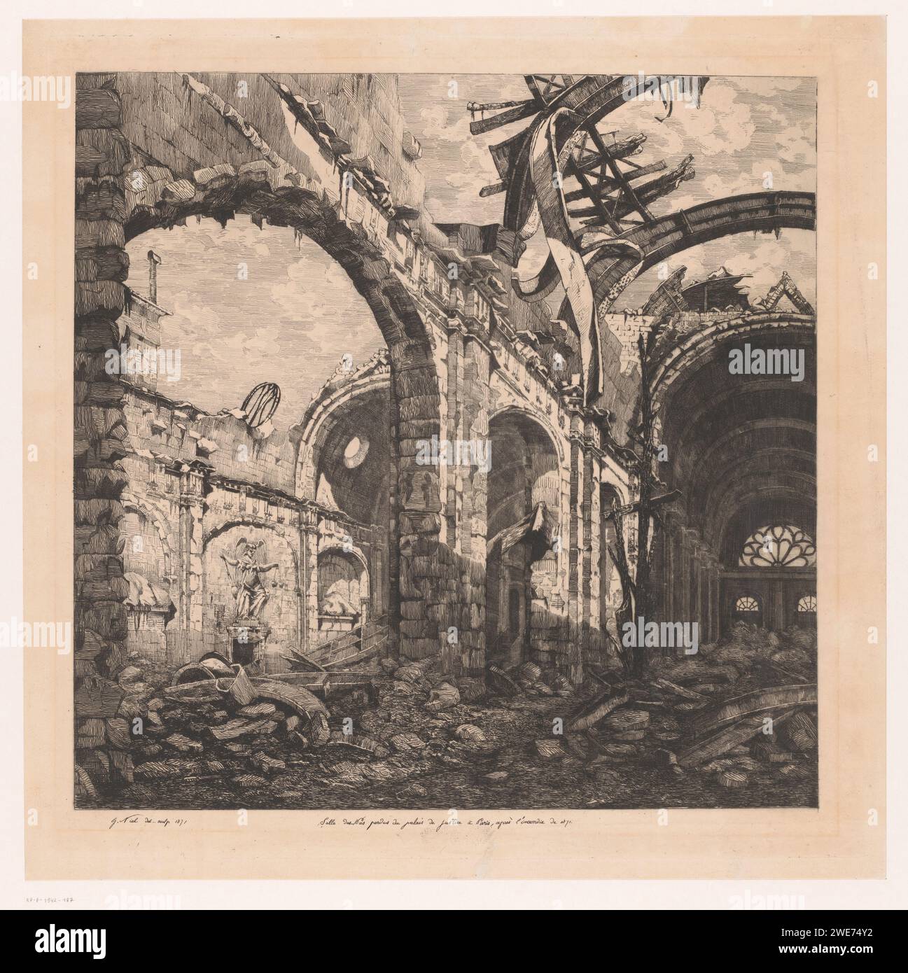 Ruin van de Salle des Pas Perdus in Paris after the fire of 1871, Gabrielle-Marie Niel, 1871 print   paper etching / drypoint ruin of a building  architecture Courthouse Stock Photo