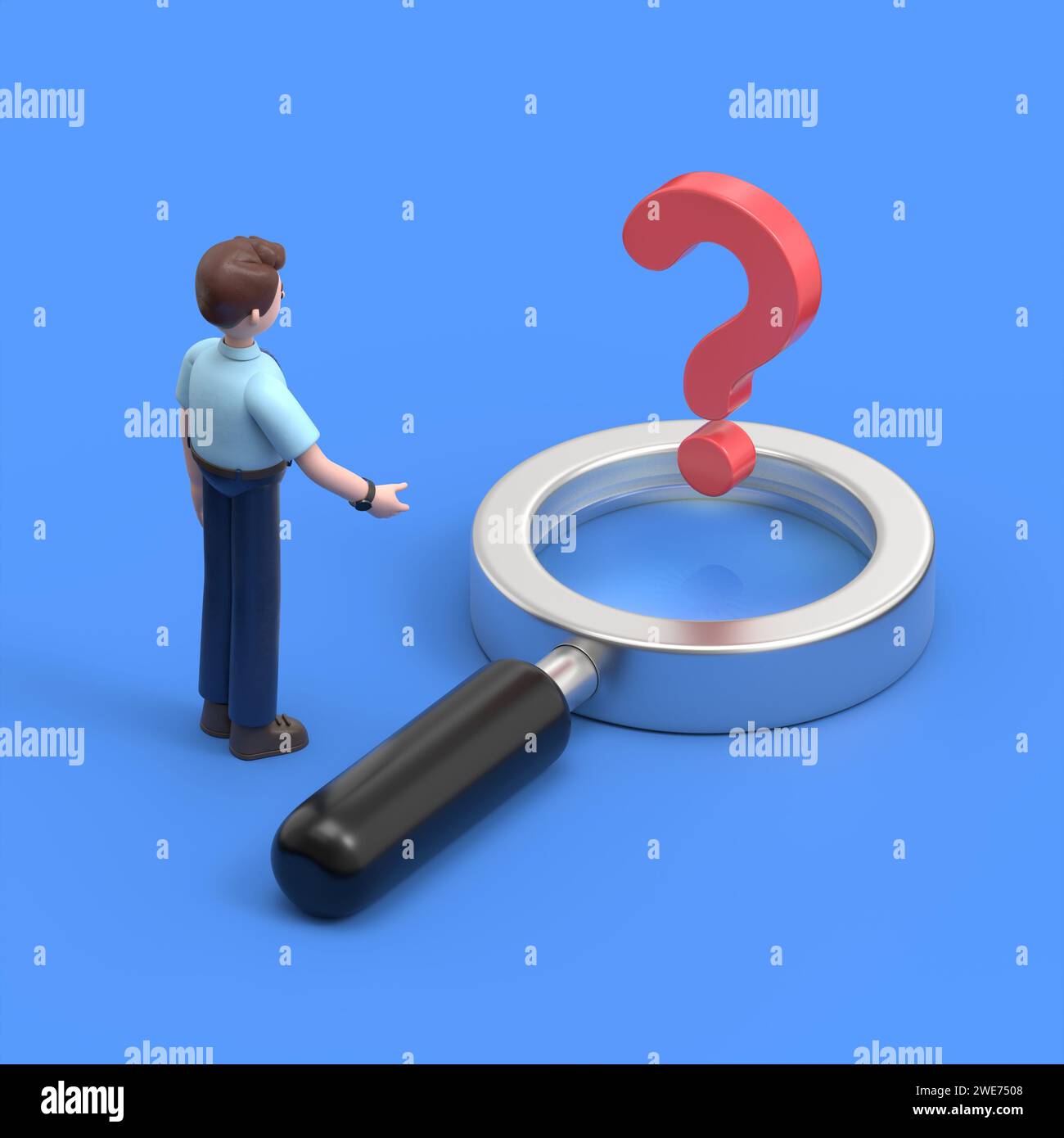 isometric 3D illustration on a blue background,3D illustration of Asian man Felix stands in front of a question mark in a magnifying glass, looking fo Stock Photo
