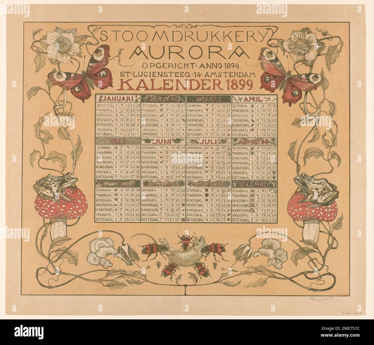 Calendar of the year 1899, with flowers, insects and frogs, Theo van ...