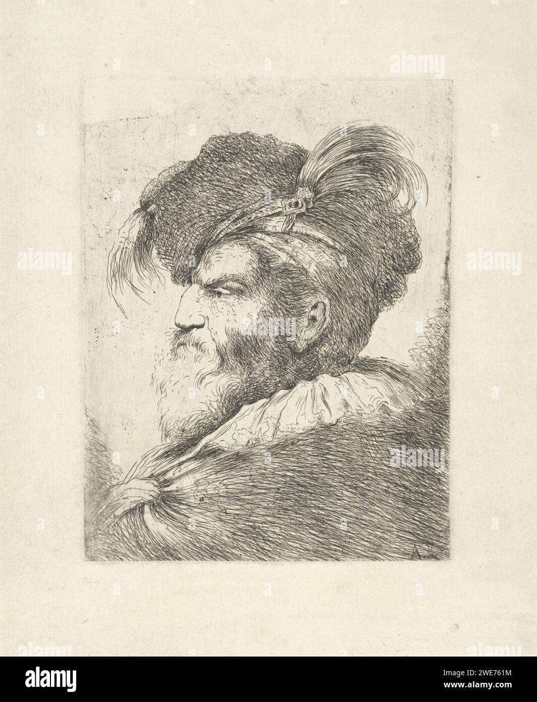 Man with feathered beret, Alessandro Longhi, 1743 - 1813 print Portrait of a man with a beard and a feathered beret. Italy paper etching beard. old man (+ three-quarter view). head-gear: beret Stock Photo