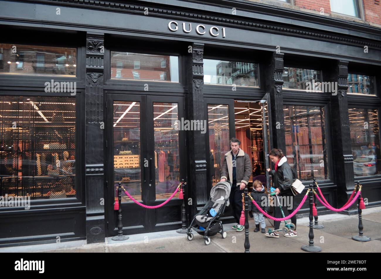 New York, United States. 23rd Jan, 2024. Customers exit a Gucci store on the west side of Manhattan, New York City. Credit: SOPA Images Limited/Alamy Live News Stock Photo