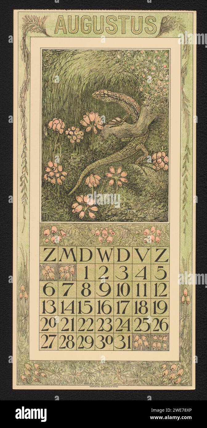Calendar magazine for August 1911 with a lizard and Dopheide, Theo van Hoytema, 1910 print  Amsterdam paper  lizards. flowers Stock Photo