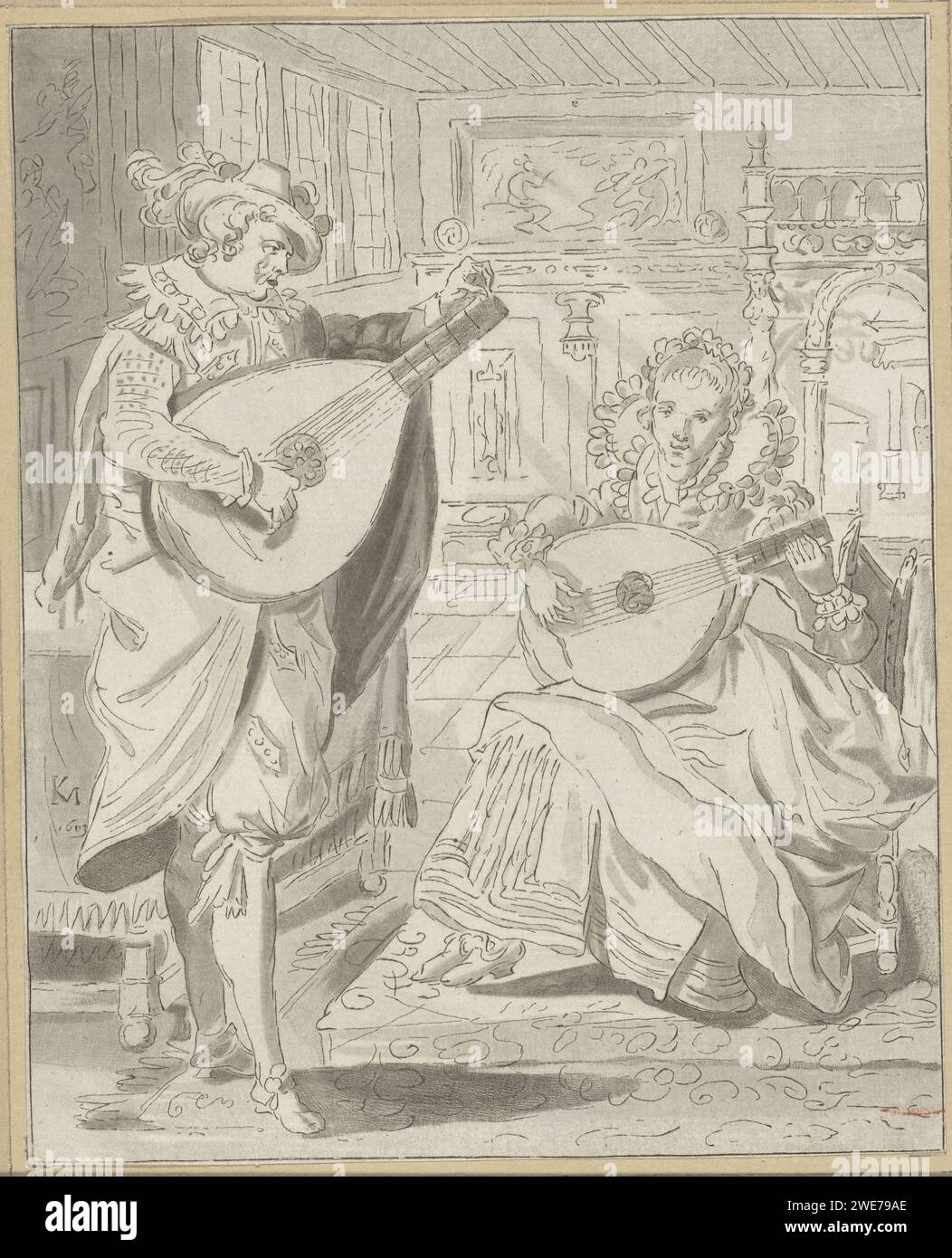 Luiten playing Lord and Dame, Cornelis Ploos van Amstel, After Karel van Mander (I), 1772 - 1774 print Interior with a man and a woman who both play the lute. Amsterdam paper etching interior of the house. lute, and special forms of lute, e.g.: theorbo Stock Photo