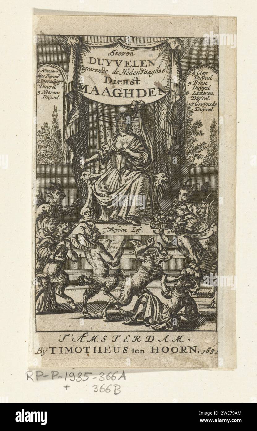 Wife surrounded by seven devils, Johannes Jacobsz van den Aveele, 1682 print A woman sits on a throne. The seven Devils of the Dienstcondants play around her. On either side of her throne, a legend with the names of the various devils is on the windows. Amsterdam paper etching Christian religion (+ devil(s)). maid  house personnel Stock Photo