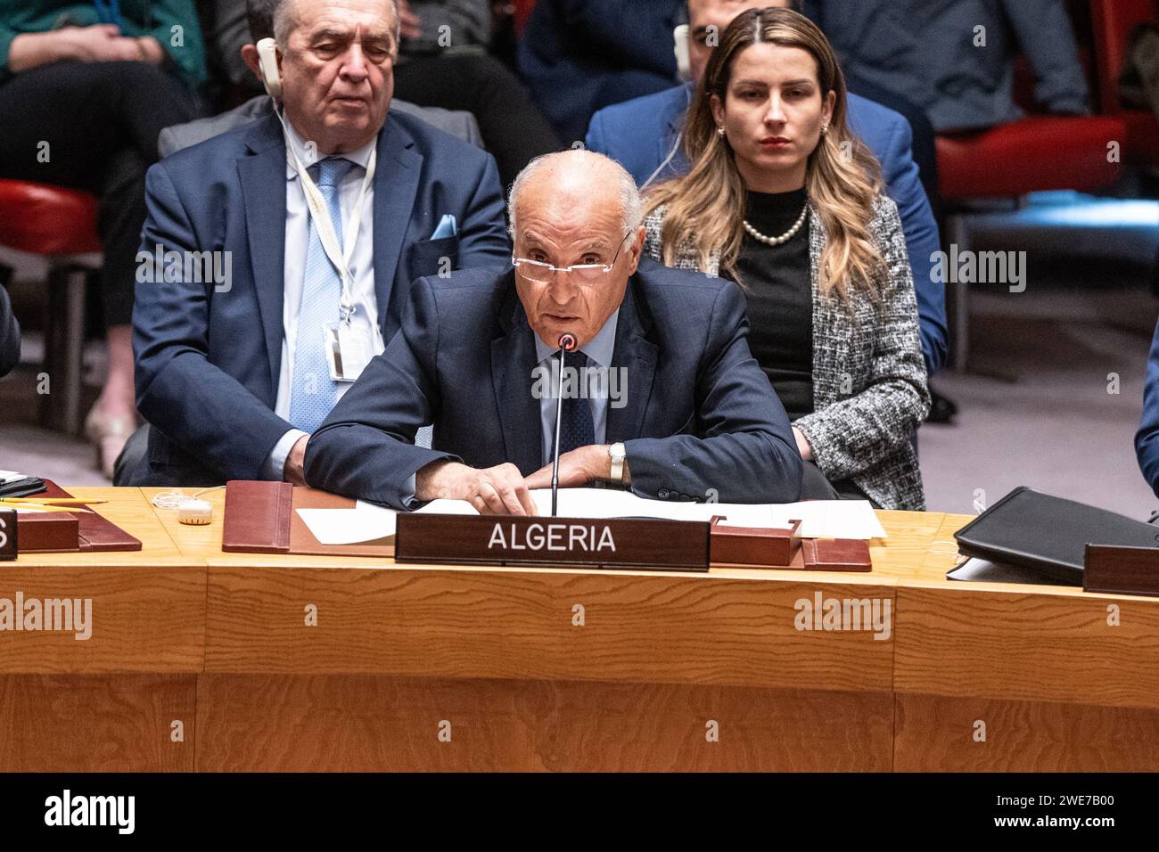 Ahmed Attaf, Minister of Foreign Affairs and National Community Abroad of Algeria speaks during Security Council meeting on situation in the Middle East including Palestinian question at UN Headquarters in New York on January 23, 2024 Stock Photo