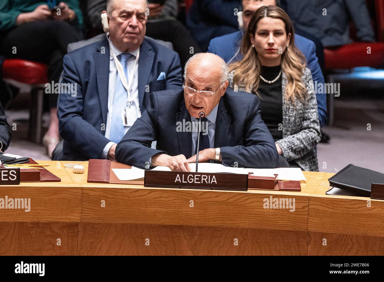 Ahmed Attaf, Minister of Foreign Affairs and National Community Abroad of Algeria speaks during Security Council meeting on situation in the Middle East including Palestinian question at UN Headquarters in New York on January 23, 2024 Stock Photo