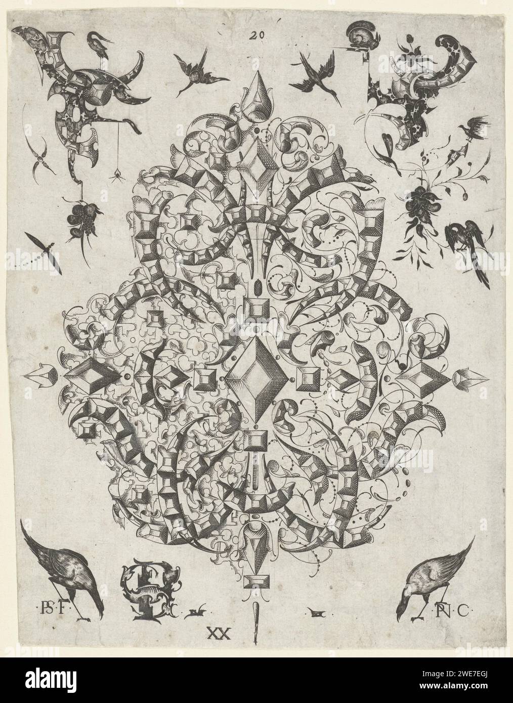 Jewel in the Shape of an Orfèvrerie Bouquet, Pierre Nolin (possibly), after Peter Symony, 1621 print Left and top right two small goldsmids motifs. Leaf from series of 24 sheets, 18 engraved by Isaac Brun and six by the monogrammist PM (probably Pierre Nolin). print maker: Germany (possibly)after design by: Germany (possibly)publisher: Straatsburg (Frankrijk) paper engraving Stock Photo