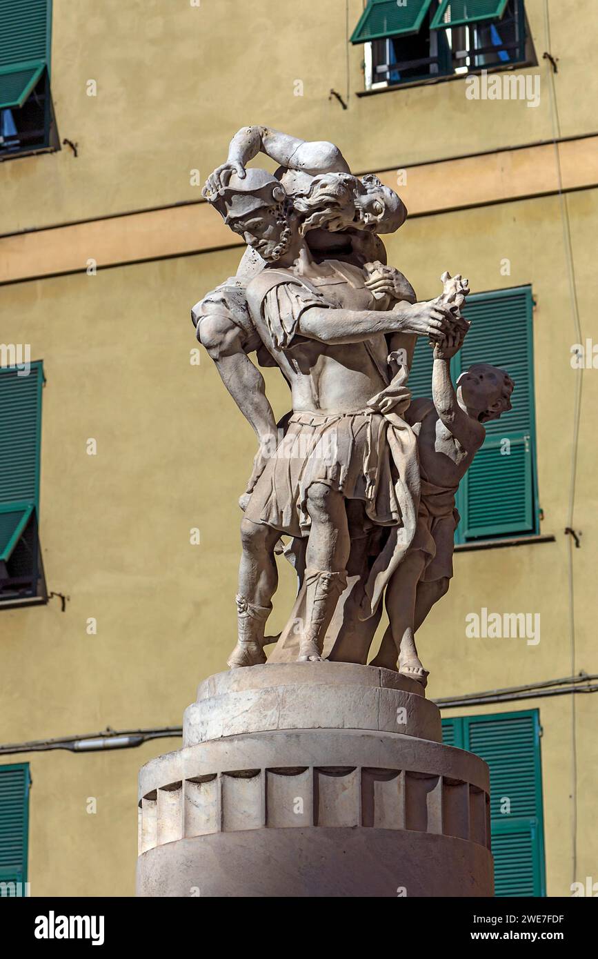 Aeneas with Anchises and Ascanio, 1726, statue by Francesco Baratta (1600-1666), Piazza Bandiera, Genoa, Italy Stock Photo