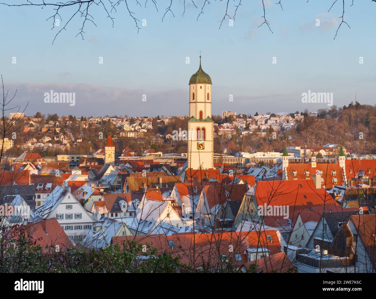 The town centre of Biberach an der Riss with Ulm Gate in the background, Biberach an der Riss, Baden-Wuerttemberg, Germany Stock Photo