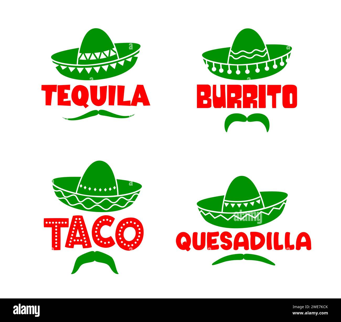 Mexican sombrero hats and moustaches with tequila, burrito, taco and